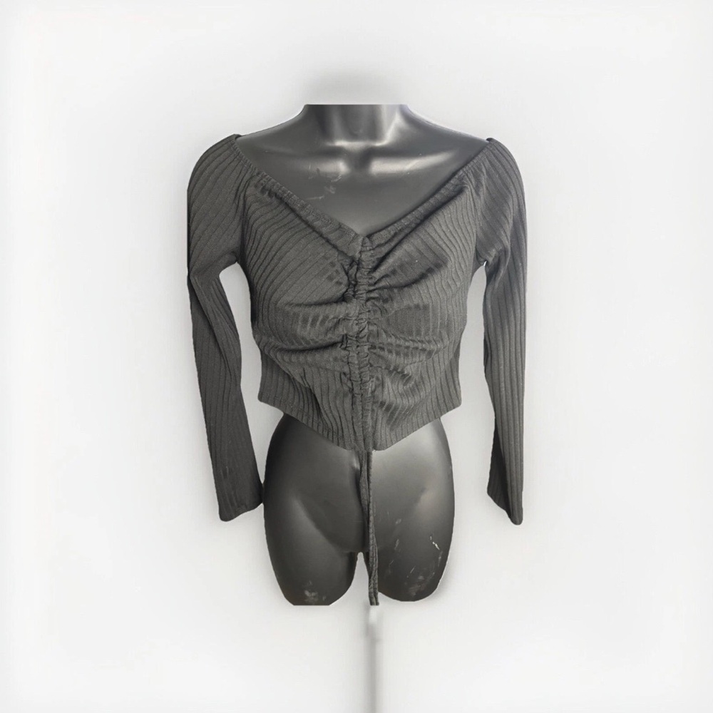 SHEIN Black Ruched Ribbed Crop Blouse